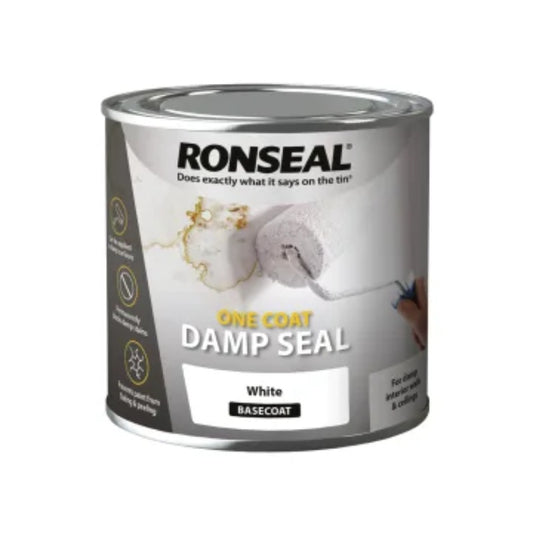 Ronseal One Coat Damp Seal in white, 2.5L tin, ideal for sealing damp surfaces and preventing leaks.