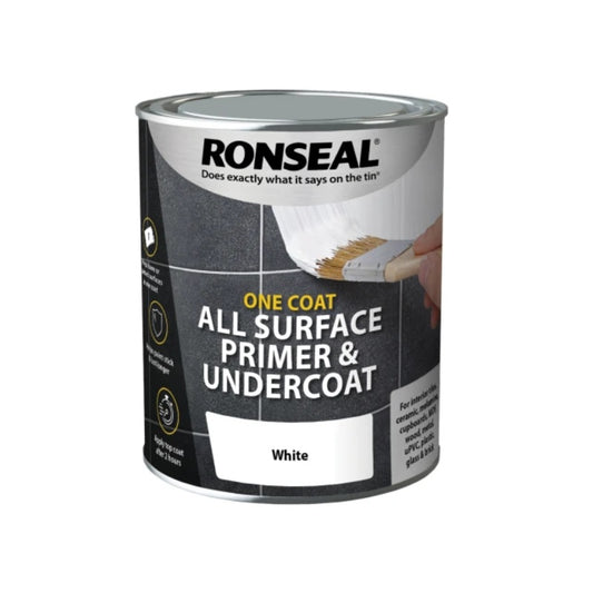 Ronseal One Coat All Surface Primer and Undercoat in white, 750ml, ideal for interior use.