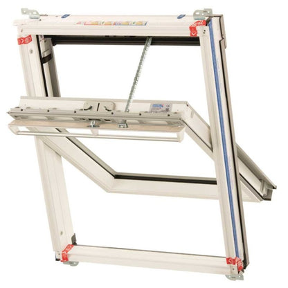 Keylite white PVC centre pivot roof window with Hi-Therm solar feature, available in various sizes.