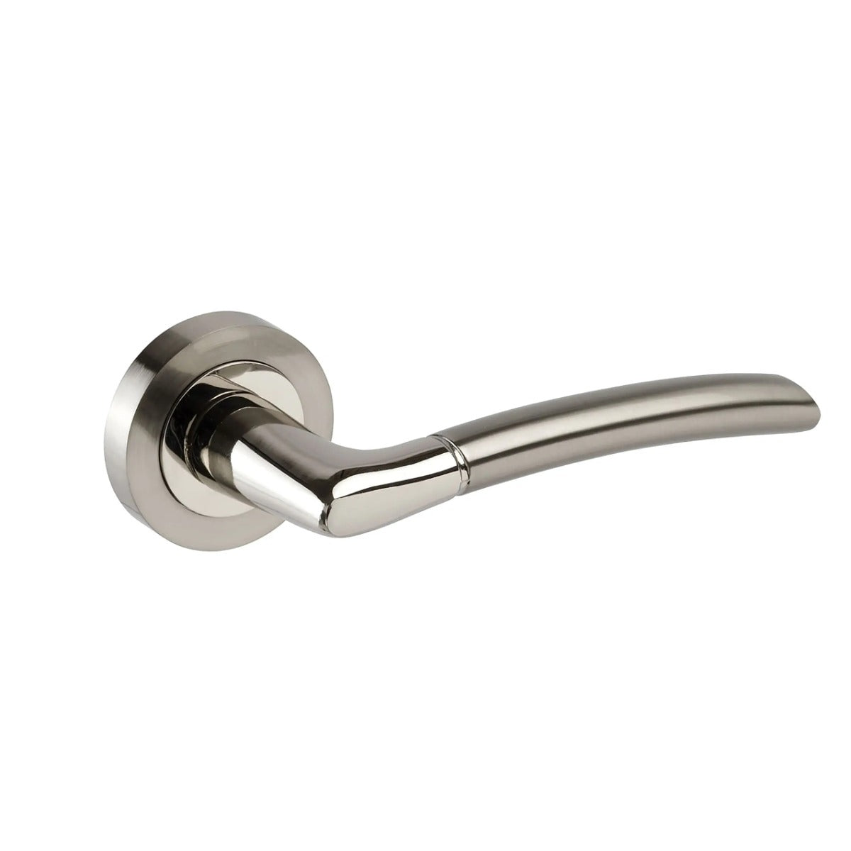 Polished satin stainless steel door latch handle from JB Kind with a sleek curved design.