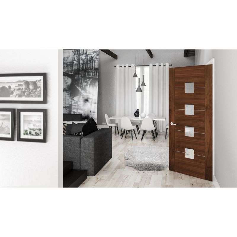 Deanta Pamplona Walnut Internal Fire Door Glazed Prefinished - 78in x 24in (1981 x 610mm)