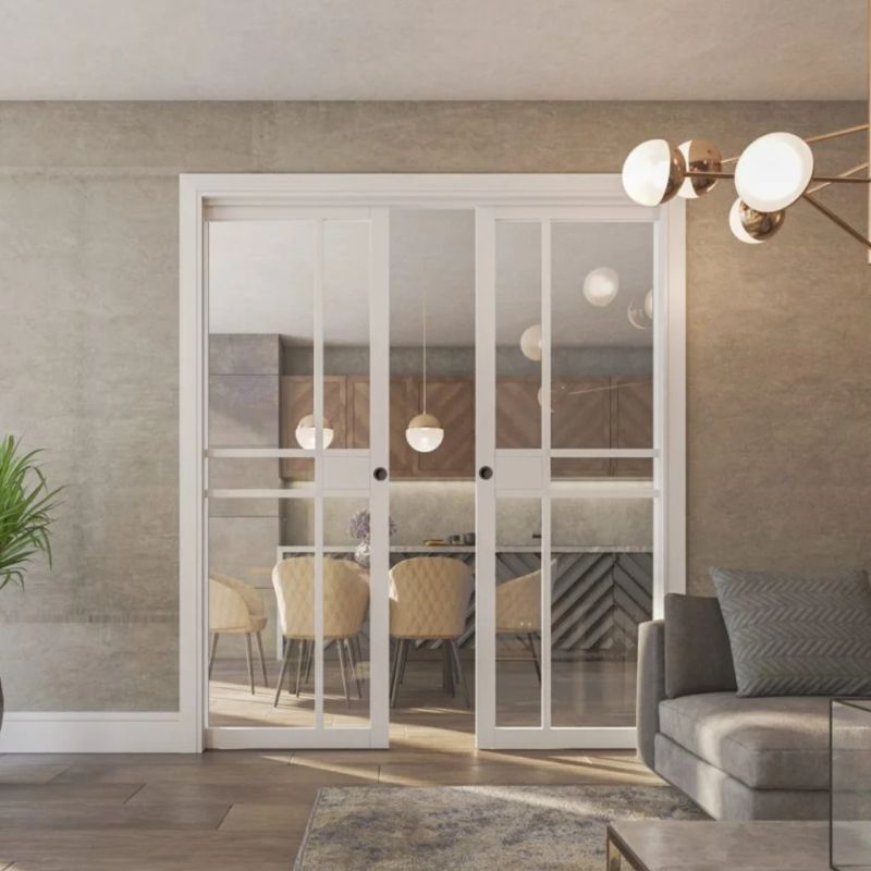 Deanta double pocket doors with oak frame, satin chrome hardware, 1981x838mm, modern design