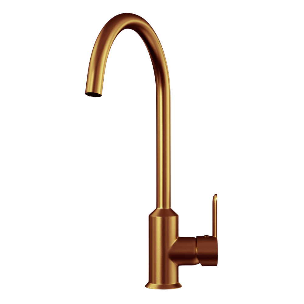 Brushed copper kitchen mixer tap with a swivel spout and sleek modern design by Ellsi.