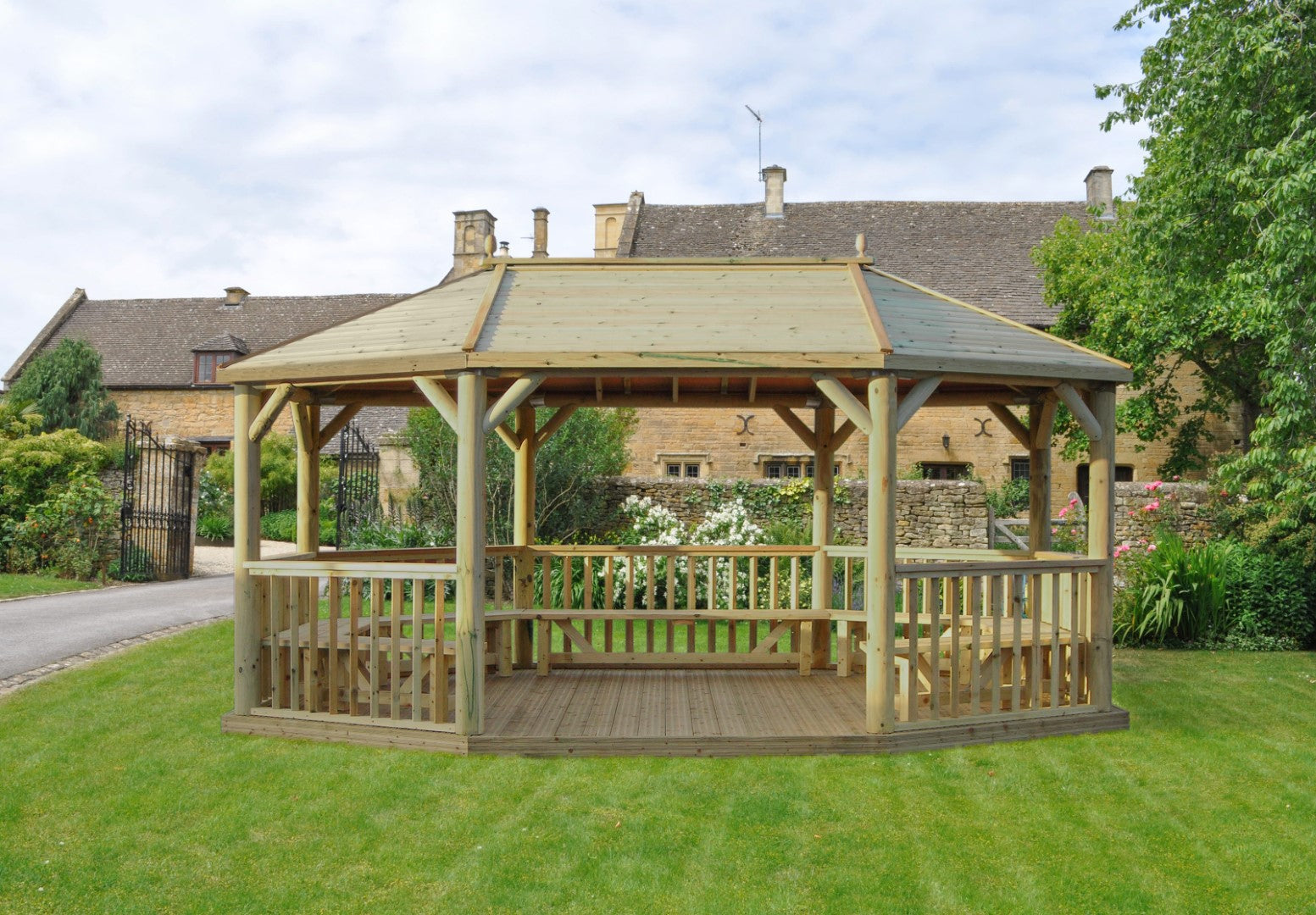 Pog Building Forest 6m Premium Oval Wooden Gazebo with Timber Roof and Benches ...