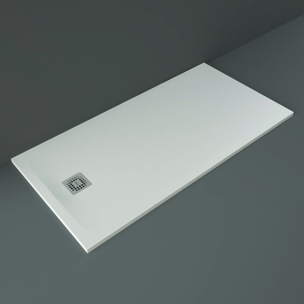 White stone effect shower tray with anti-slip surface, 1600 x 800mm, by RAK Ceramics.