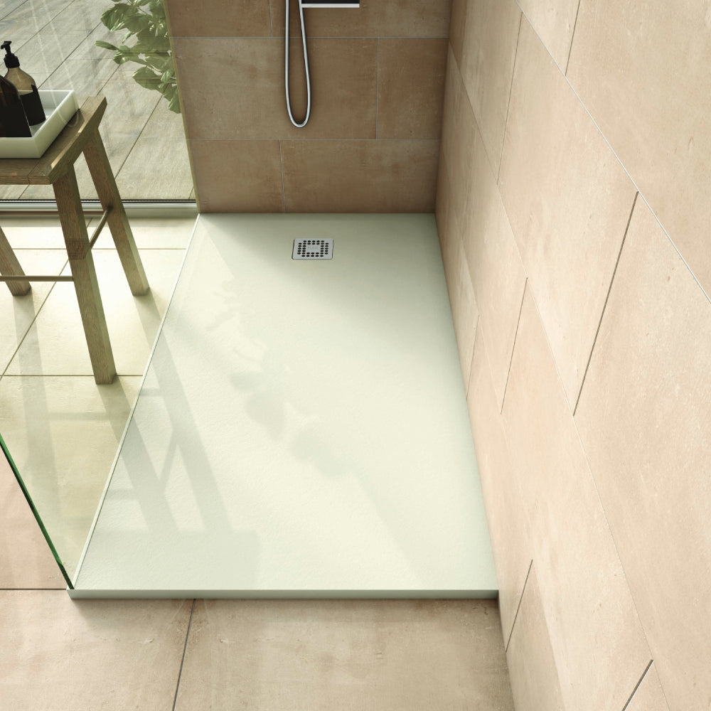 RAK Ceramics white stone effect shower tray, 1600 x 800mm, with anti-slip surface