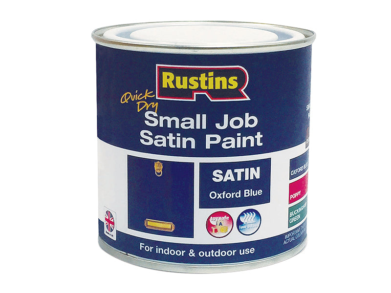 Oxford Blue 250ml gloss paint by Rustins, suitable for indoor and outdoor use, in a small job size.