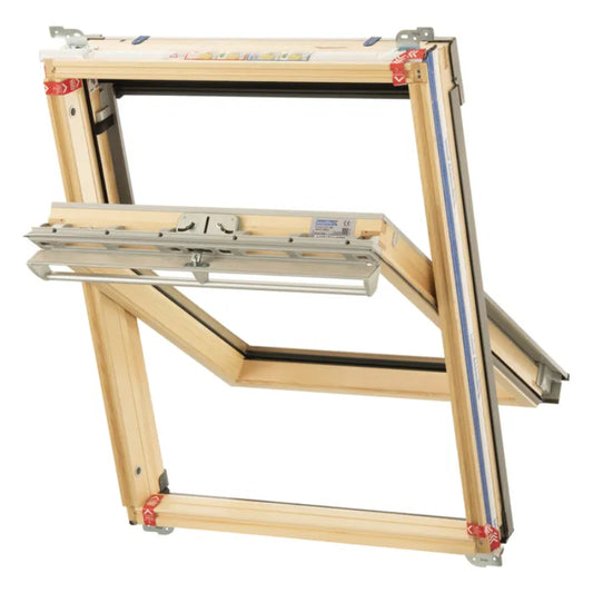 Keylite pine centre pivot roof window with Hi-Therm insulation, available in multiple sizes.