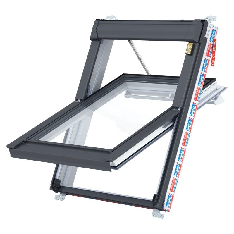 Keylite white-painted centre pivot roof window with hi-therm solar, available in multiple sizes.