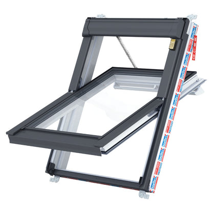 Keylite white-painted centre pivot roof window with hi-therm solar, available in multiple sizes.