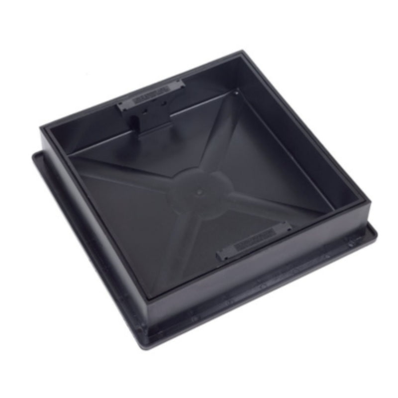 Black square to round block pavior manhole cover and frame, 300 x 80mm, by Clark Drain.