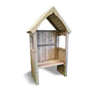 Lightwood garden poppy arbour with slanted roof and integrated bench from Churnet Valley.