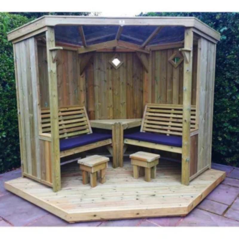Churnet Valley Four Seasons wooden garden room with seating and a hexagonal design, suitable for outdoor use.