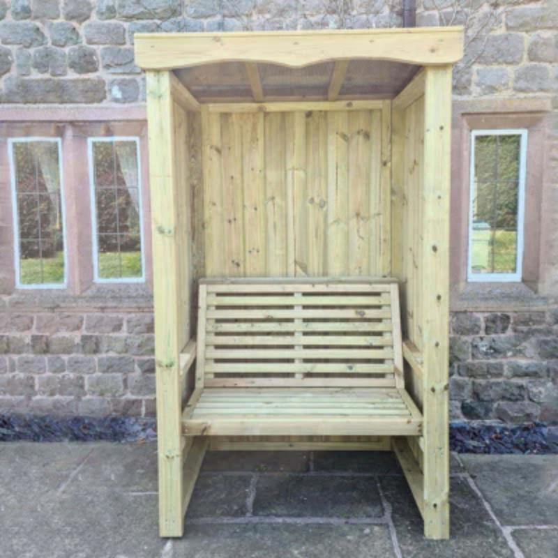 Churnet Valley wooden two-seat arbour with slatted backrest and roof, ideal for outdoor relaxation