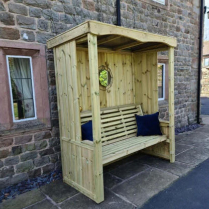Churnet Valley wooden three-seat arbour with slatted design and shelter, featuring a natural finish.