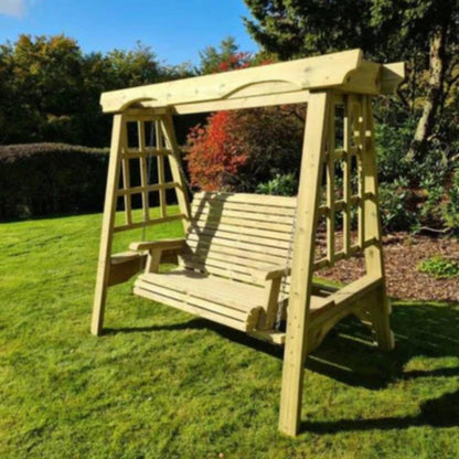 Churnet Valley two-seater wooden garden swing in a natural finish.