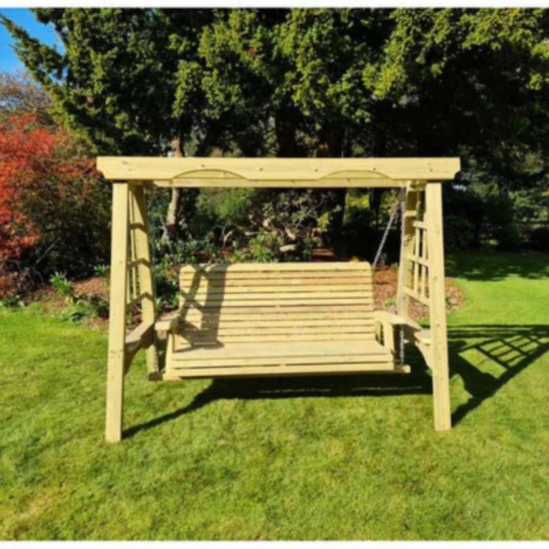 Churnet Valley wooden cottage swing for three, featuring a natural finish and sturdy A-frame design.