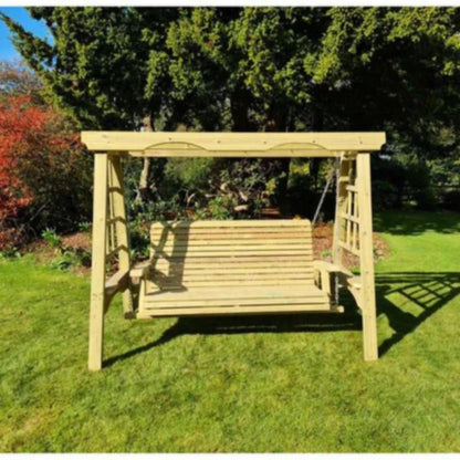 Churnet Valley wooden cottage swing for three, featuring a natural finish and sturdy A-frame design.