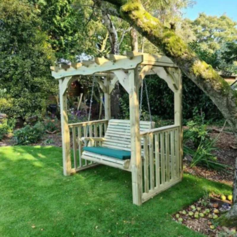 Churnet Valley Ophelia swing seat for two in natural wood with teal cushion, perfect for outdoor relaxation.