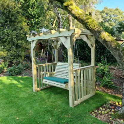 Churnet Valley Ophelia swing seat for two in natural wood with teal cushion, perfect for outdoor relaxation.