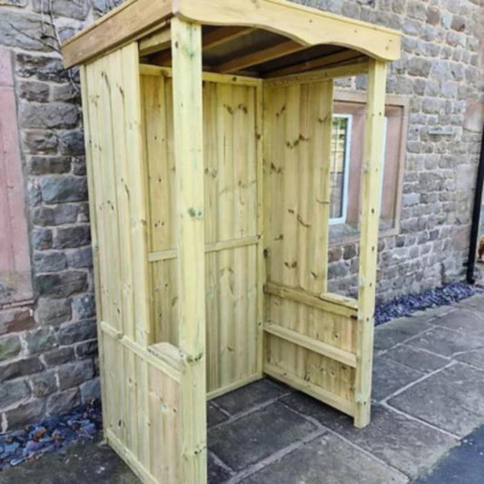Churnet Valley wooden smoking shelter with a natural finish, designed for outdoor use.