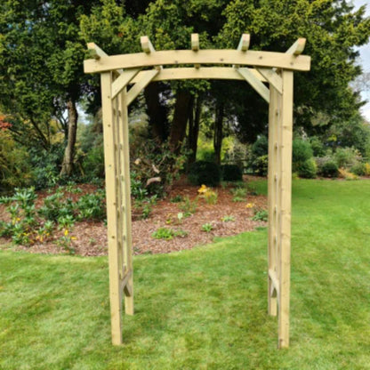 Natural wood 3ft garden arch by Churnet Valley with decorative top beams, perfect for climbing plants.