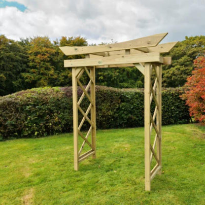 4ft wooden garden arch by Churnet Valley with lattice sides and slanted top, perfect for outdoor spaces.
