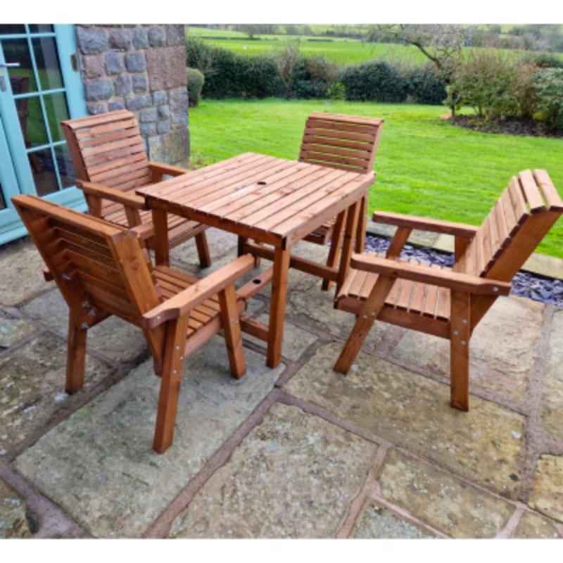 Churnet Valley 4-seater square wooden garden table set with four matching chairs, crafted from natural wood.