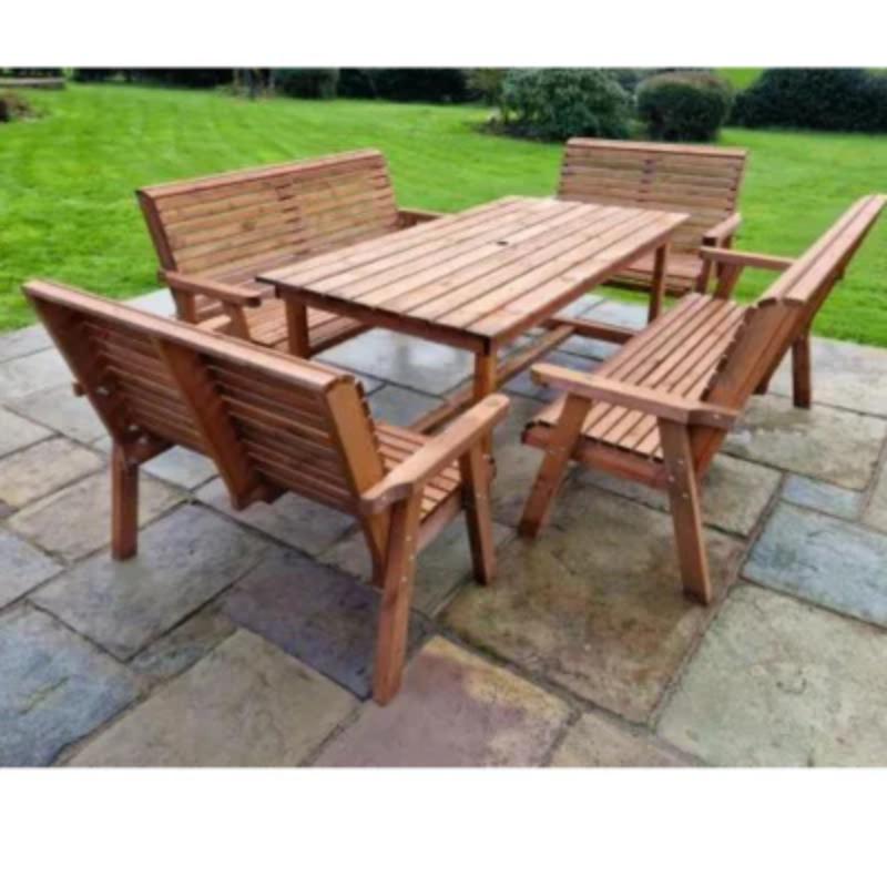 Churnet Valley wooden garden furniture set with two 2-seat and two 3-seat benches and a 179.5cm table.
