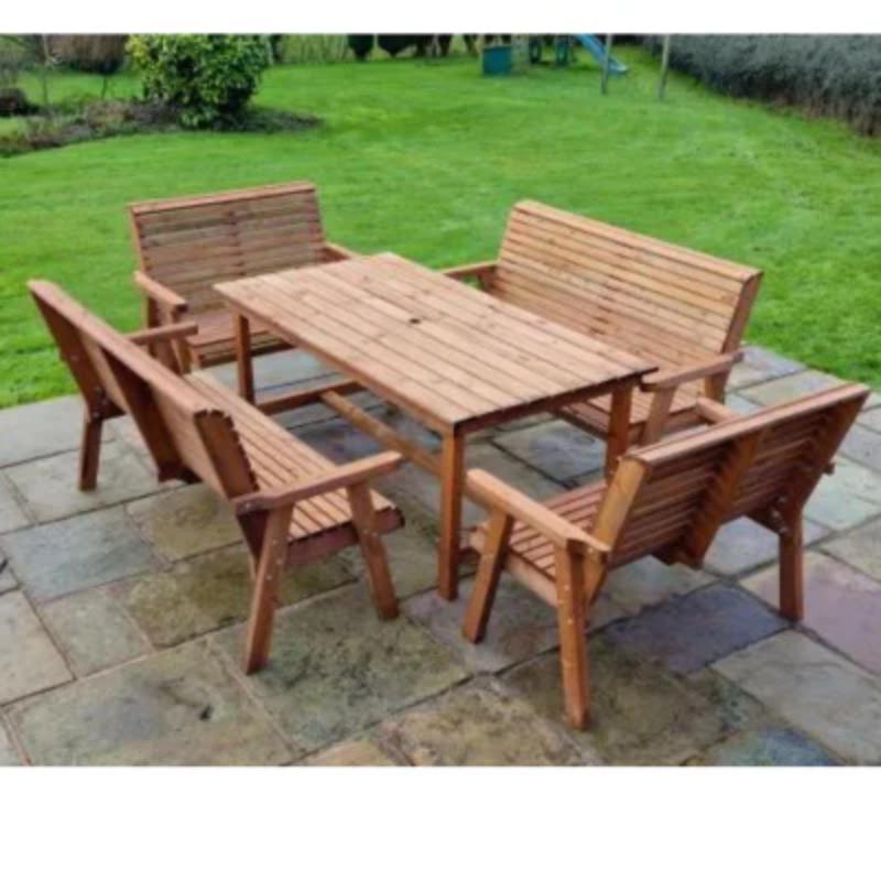 Churnet Valley wooden garden furniture set with 2 two-seat benches, 2 three-seat benches, and a 179.5cm table.
