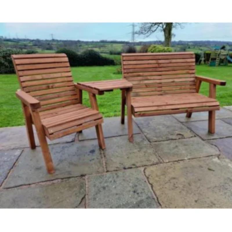 Angled wooden garden furniture trio set in natural finish with two chairs and side table by Churnet Valley