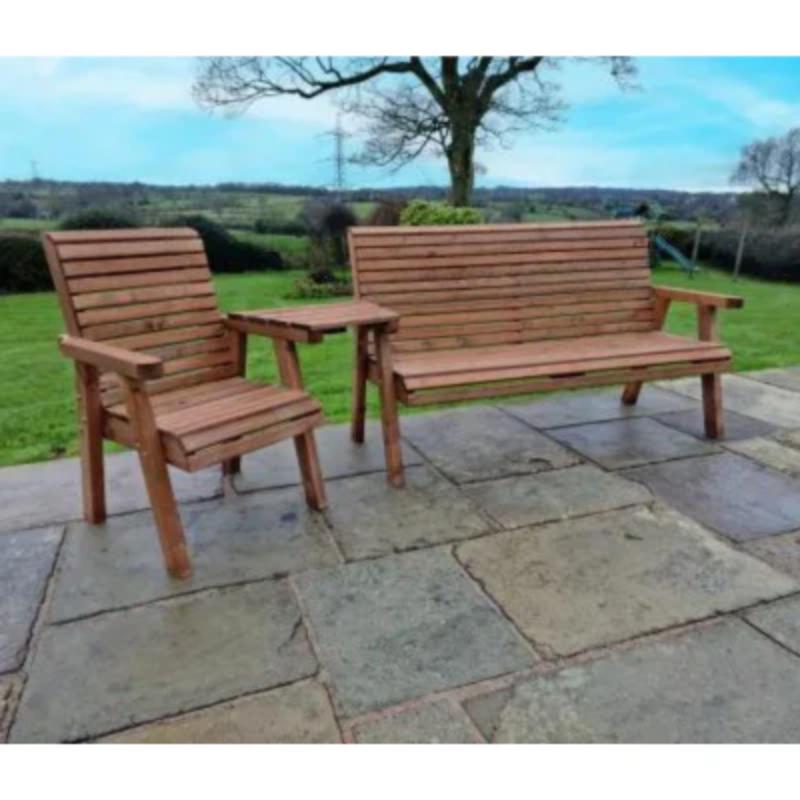 Churnet Valley wooden garden seating set with one chair, one 3-seat bench, and angled tray on a stone patio