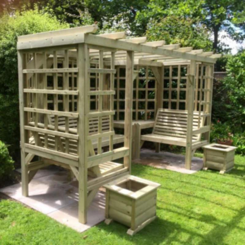 Churnet Valley Riviera Arbour in natural wood with lattice design and two benches, perfect for garden relaxation.