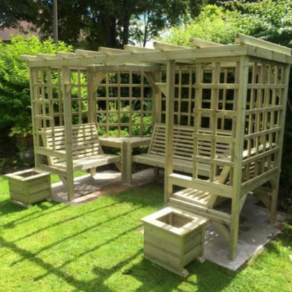 Churnet Valley Riviera Arbour with wooden lattice design, built-in seating, and planters in a garden setting.
