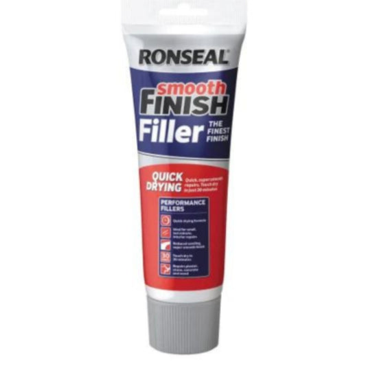 Ronseal Smooth Finish Quick Drying Multipurpose Filler in a 330g tube, white, ideal for seamless repairs.