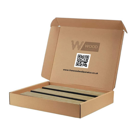 Wooden slat acoustic wall panel sample box in walnut, light grey oak, and natural oak colors from The Wood Wall Panel Compan