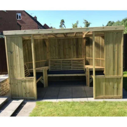 Churnet Valley Riviera enclosed garden room with wooden structure and seating area, ideal for outdoor spaces.