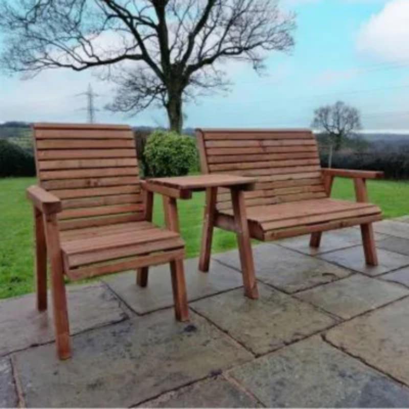 Churnet Valley trio set with two wooden garden chairs and a matching side table in natural finish.