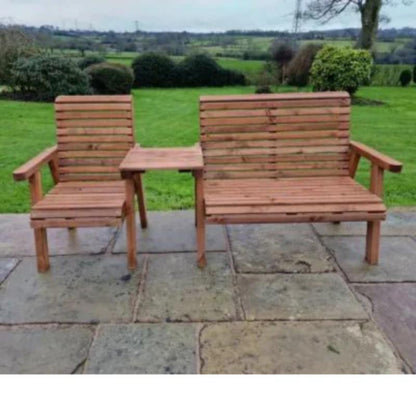 Churnet Valley Trio Set Straight wooden garden chairs with side table in natural finish