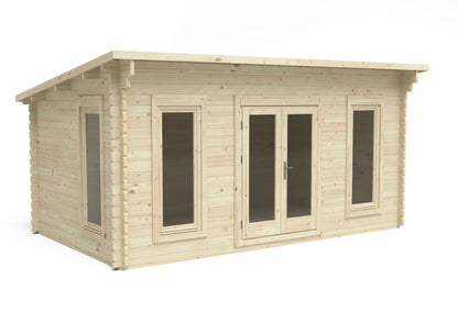Forest Garden Elmley Log Cabin with pent roof, double glazed windows, and natural wood finish, 5.0m x 3.0m.
