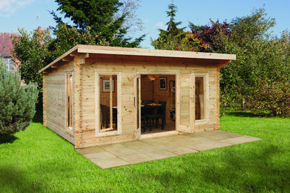 Forest Garden log cabin with pent roof, double glazed windows, natural wood finish, and stone patio on grass.