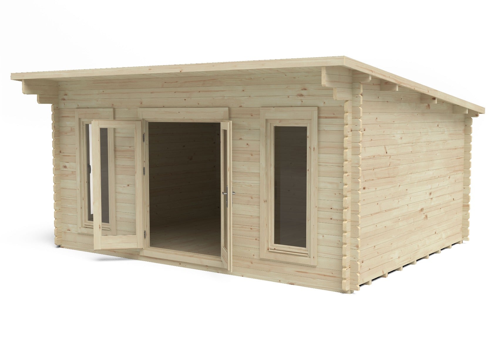 Forest Garden log cabin with pent roof, double-glazed windows, and natural wood finish, measuring 5.0m x 4.0m.