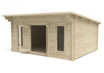 Forest Garden log cabin with pent roof, double-glazed windows, and natural wood finish, measuring 5.0m x 4.0m.