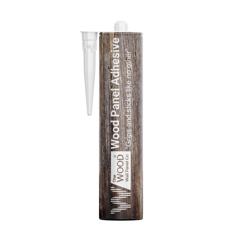 Wood panel adhesive tube with precision nozzle, 290ml, by The Wood Wall Panel Company, featuring a wood grain design.
