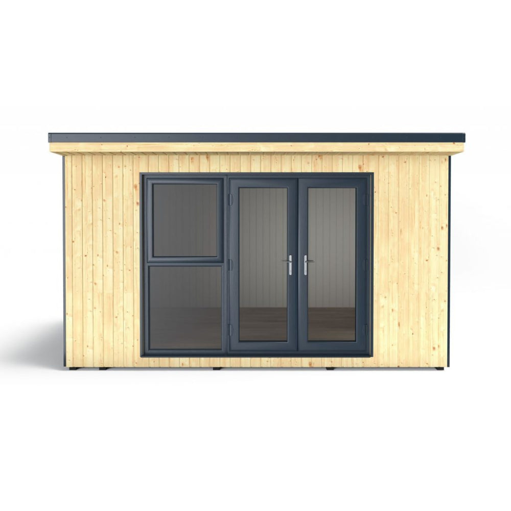 Forest Garden Xtend insulated garden office in natural wood with large windows, measuring 4 x 3.42m.