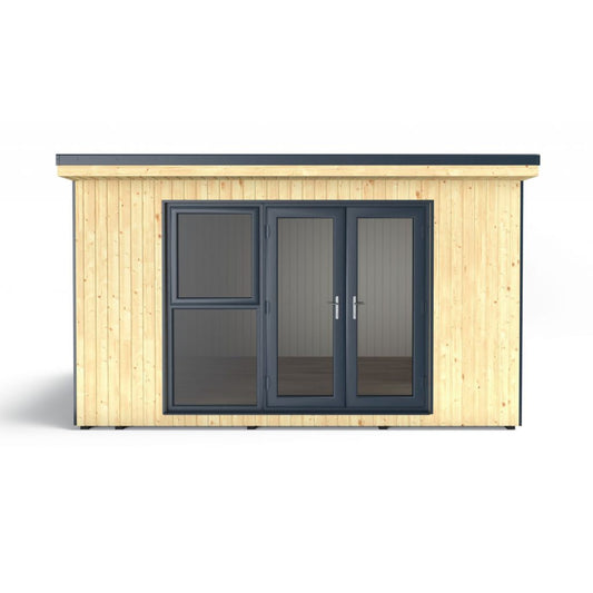 Forest Garden Xtend insulated garden office in natural wood with large windows, measuring 4 x 3.42m.
